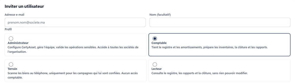 Écran d'invitation de CertyAsset : choix du profil Administrateur, Comptable, Terrain ou Lecteur